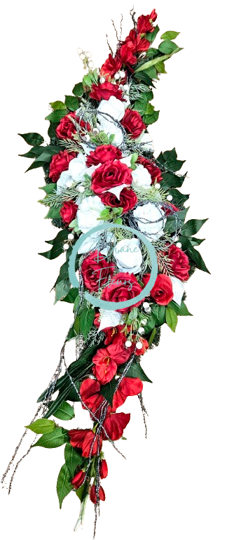 Smútočný veniec esíčko umelé ruže, gladioly, listy poinsettie a doplnky 150cm x 40cm