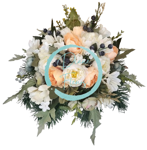 Composizione funebre in cemento con peonia artificiale e accessori 30 cm x 17 cm AS712