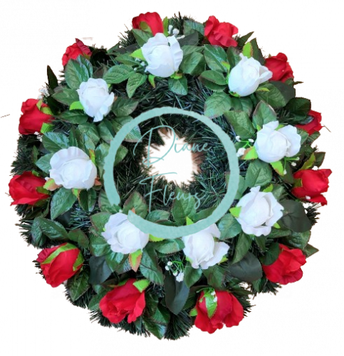 Nagrobni venec O 50cm vrtnice in dodatki bela, rdeča