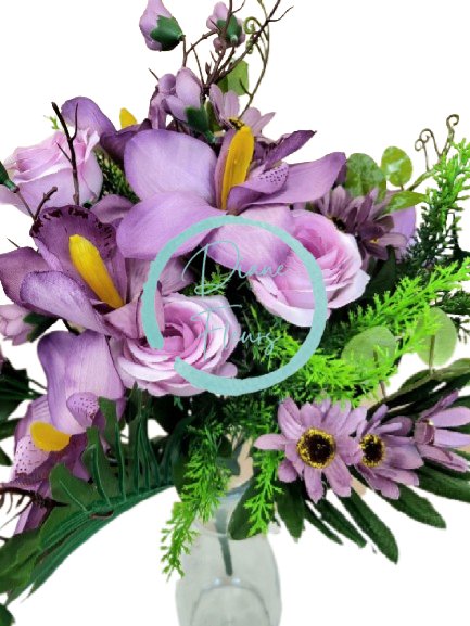 Luksuzni umjetni buket ruže, orhideje, tratinčice 50cm ljubičasta