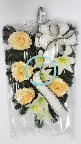Artificial Sympathy Wreath 18,1 x 13,7 inches (46cm x 35cm) with Roses, Lilies and Sympathy Ribbon in Cellophane Cream