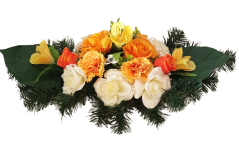 Čudovit žalni aranžma iz umetnih vrtnic, nageljnov, alstromerij in dodatkov 60cm x 30cm x 23cm rumena, smetana, oranžna