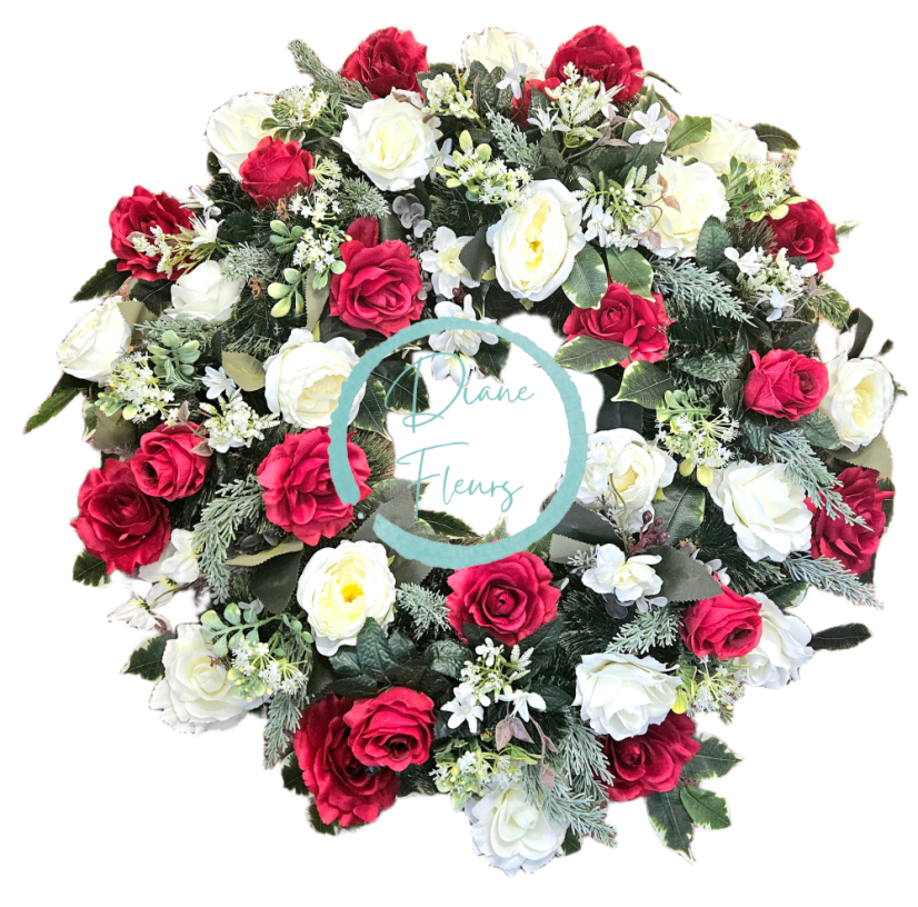 Погребален венец от бор, ексклузивни рози, божури и аксесоари 75 см AS1047