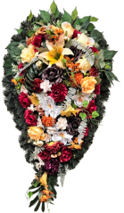 Artificial Wreath Tear Shaped with roses, dahlias, chrysanthemums, lilies, fern and accessories 110cm x 60cm