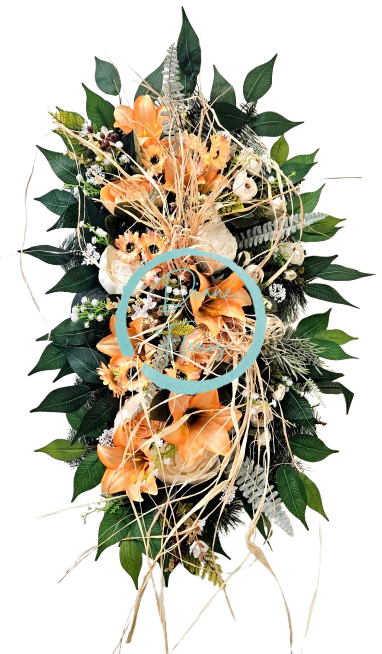 Lussuosa corona di pino con peonie, gigli, camelie e accessori esclusivi 75 cm x 45 cm AS946