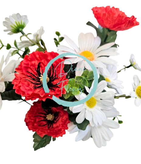 Buchet de Margarete şi Maci x12 41cm roşu, alb flori artificiale