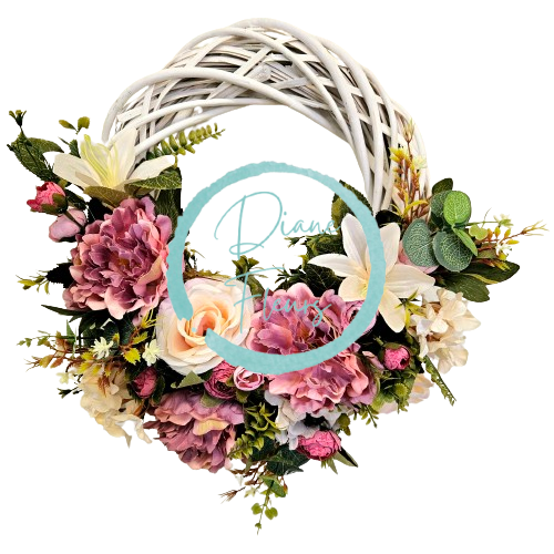 Wicker wreath decorated with Peonies, Roses, Ranunculus, Lilies and Accessories Ø 35cm