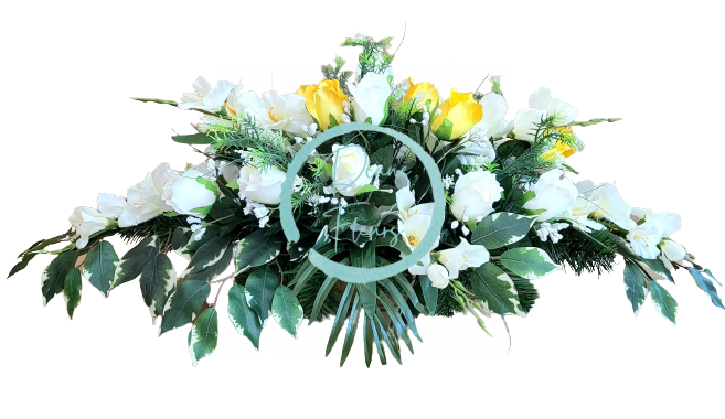 Frumos aranjament de doliu exclusive de trandafiri artificiali, gladiole si accesorii 85cm x 45cm x 30cm