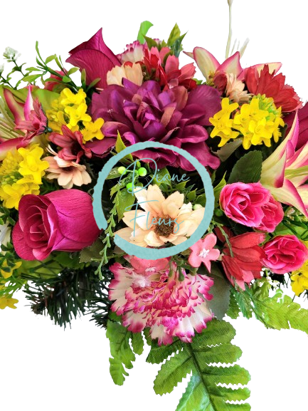 Trauergesteck aus künstliche Dahlia, Rosen, Lilien, Nelken und Zubehör 55cm x 40cm x 20cm