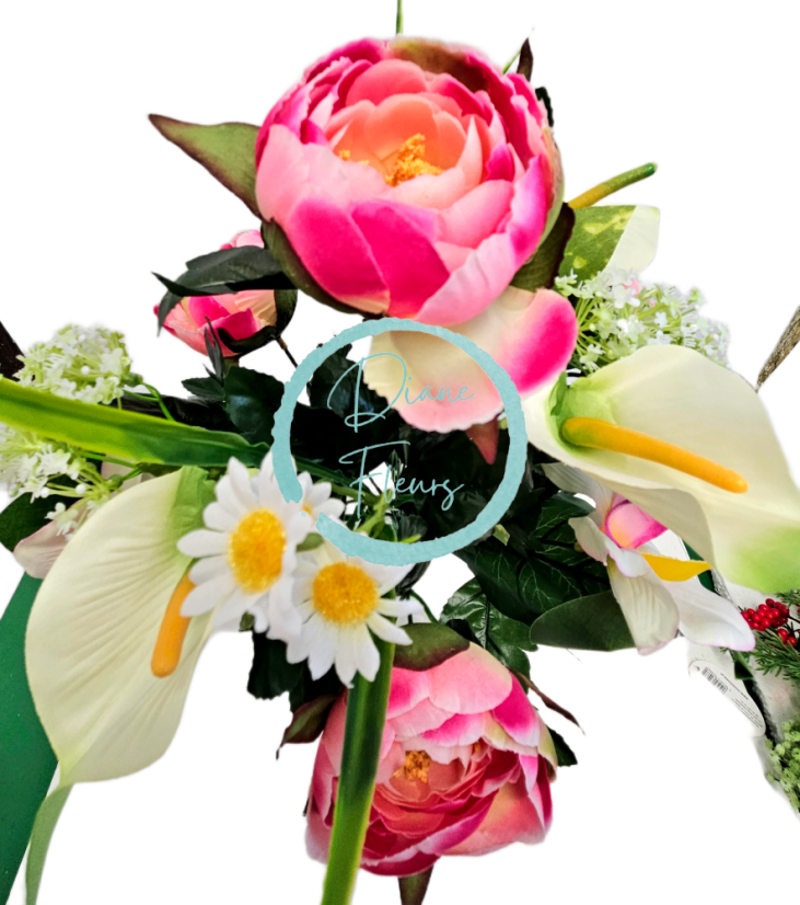 Buchet artificial Bujor, Alstromeria, Calla și accesorii 42cm roz