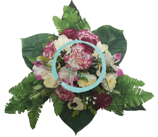 Aranžmán betonka Karafiát & Ruža & Doplnky Ø 35cm x výška 30cm vínová