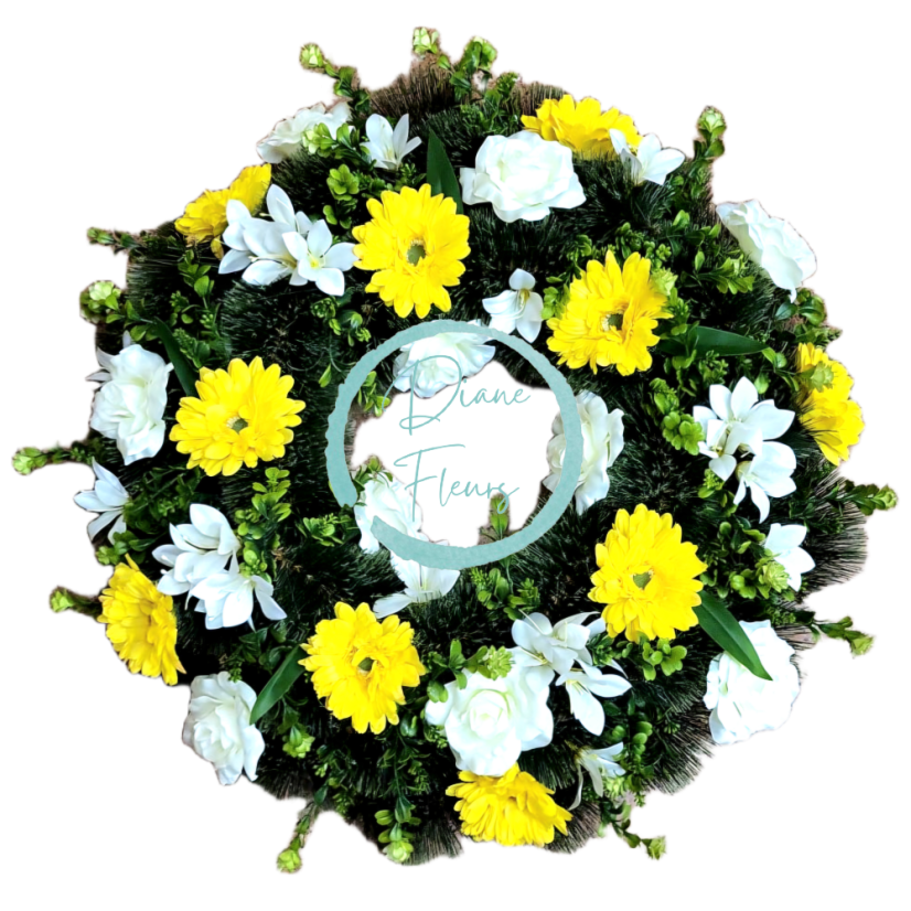 Coroană funerara de pin Exclusiv gerbere, trandafiri, alstroemerii si accesorii 65cm