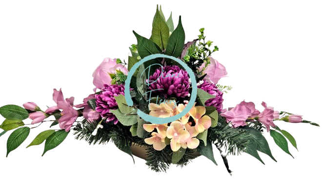 Big sympathy arrangement made of artificial Chrysanthemums, Roses, Gladiolus and Accessories 85cm x 45cm x 28cm