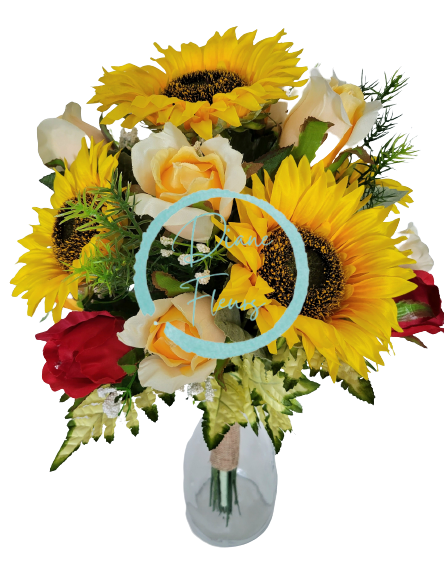 Viazaná kytica Exclusive ruže, slnečnice, doplnky 48cm umelá