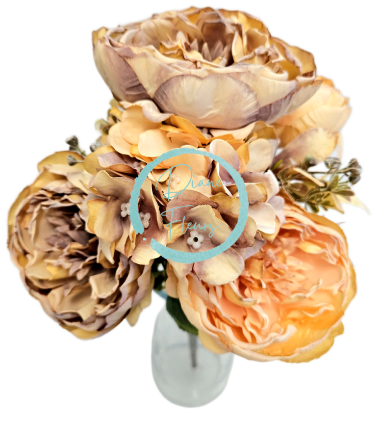 Изкуствен букет от божури, хортензии и аксесоари х9 44 см кафяво, прасковено