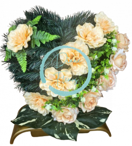 Umělý smuteční věnec na stojanu "Srdce" Dahlie & Růže & doplňky 45cm x 40cm