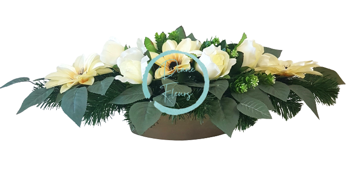 Smútočný aranžmán betonka umelé ruže, clematis & doplnky 55cm x 28cm x 17cm