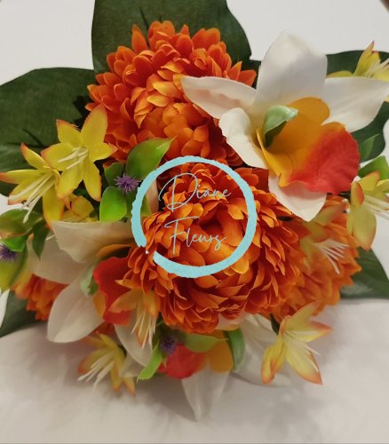 Buket krizantema i orhideja narančasto-bijeli 33 cm umjetni