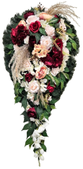 Coroana funerara „Lacrimă” din trandafiri, hortensii, bujori, gladiole si accesorii 120cm x 60cm