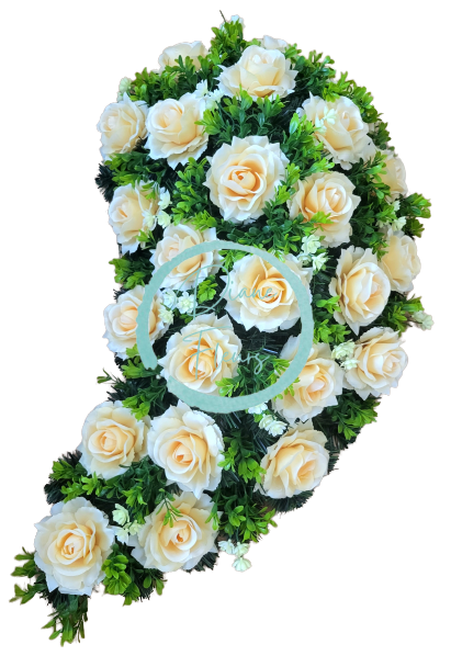 Wianek żałobny „Łza” wykonany ze sztucznych róż i dodatków 80cm x 40cm