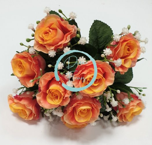 Růže kytice oranžová "9" 25cm umělá