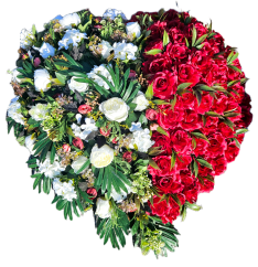 Coroană funerara artificială în formă de inimă din trandafiri, bujori, hortensii și accesorii 80cm x 80cm roz, roșu, crem, verde AS1083