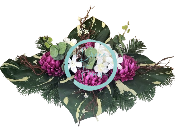 Smútočný aranžmán betonka umelá chryzantéma, margarétka a doplnky 45cm x 33cm x 20cm