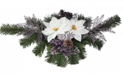 Karácsonyi elrendezésű Mikulásvirág és kiegészítők 50cm x 25cm x 10cm lila, zöld és fehér