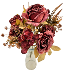 Изкуствен букет от рози, цинии и аксесоари 48 см бордо