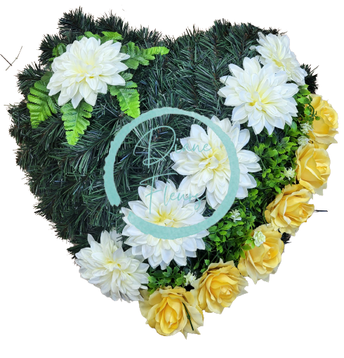 Sztuczny wianek „Serce” Dalie i róże oraz akcesoria 55cm x 55cm