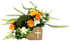 Smútočný aranžmán betonka umelé ruže, ľalie, anjel, machový venček a doplnky 50cm x 20cm x 25cm