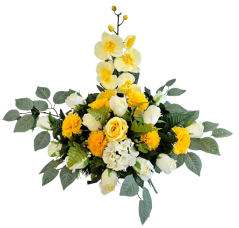 Trauergesteck aus künstliche Nelken, Rosen, Hortensien, Orchideen und Zubehör 70cm x 50cm x 45cm