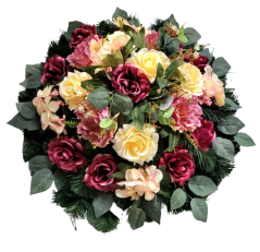 Smuteční věnec kruh s umělými růžemi, pivoňkami, hortenziemi a doplňky Ø 55cm