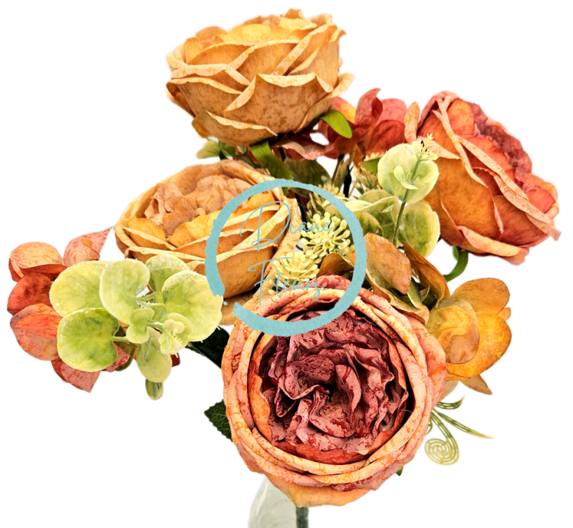 Изкуствен букет от божури, хортензии и аксесоари 42 см оранжево