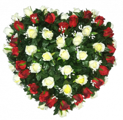 Coroană funerara „Inimă” din trandafiri 60cm x 60cm rosu & bej flori artificiale