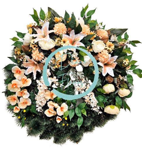 Luxusný smútočný veniec borovicový exclusive pivonky, ľalie, margaréty, hortenzie, orchidey a doplnky 90cm