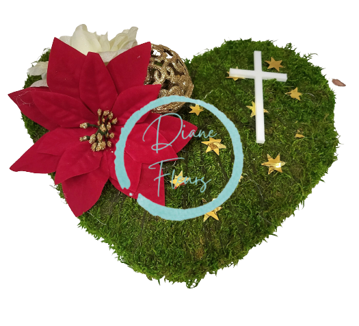 Wieniec bożonarodzeniowy omszony Serce z poinsecją, bombką i dodatkami 27cm x 25cm