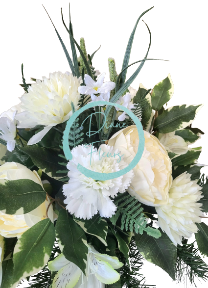 Smútočný aranžmán betonka exclusive umelá chryzantéma, peonia pivonka, karafiát, alstroméria a doplnky Ø 45cm x 35cm