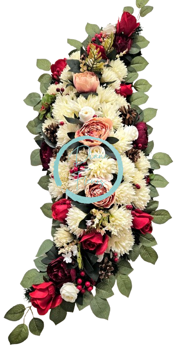 Smuteční věnec esíčko umělé růže, chryzantémy, pivoňky a doplňky 115cm x 45cm AS859