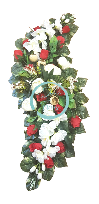 Temetési koszorú műrózsák és bazsarózsa 100cm x 35cm piros, fehér, zöld