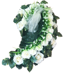 Wianek żałobny „Łza” ze sztucznych róż i dodatków 85cm x 50cm kremowy, zielony