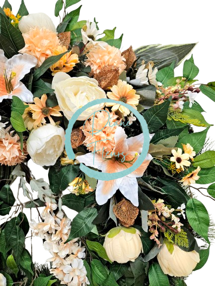 Luxusný smútočný veniec borovicový exclusive pivonky, ľalie, margaréty, hortenzie, orchidey a doplnky 90cm
