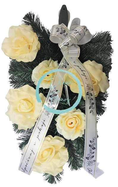 Smútočný veniec pero 46cm x 35cm Ruže so stuhou "Odpočívaj v pokoji" žltá umelý
