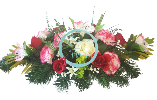 Aranjament pentru cimitir de lux de trandafiri artificiali, garoafe si accesorii 60cm x 30cm x 25cm