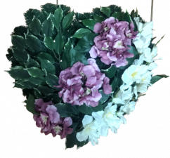Krásný smútočný veniec "Srdce" s umelými hortenziami a gladiolami 55cm x 55cm