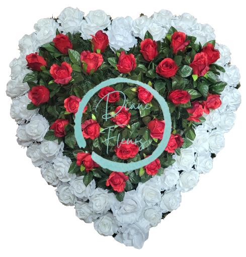 Wianek żałobny "Serce" wykonany ze sztucznych róż 80cm x 80cm kolor biały, czerwony