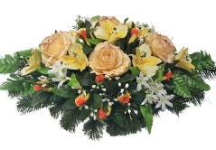 Kompozycja pogrzebowa ekskluzywne sztuczne róże, alstremeria i dodatki 60cm x 30cm x 25cm