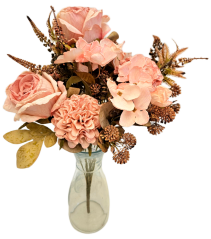 Изкуствен букет от рози, цинии и аксесоари 48 см розов