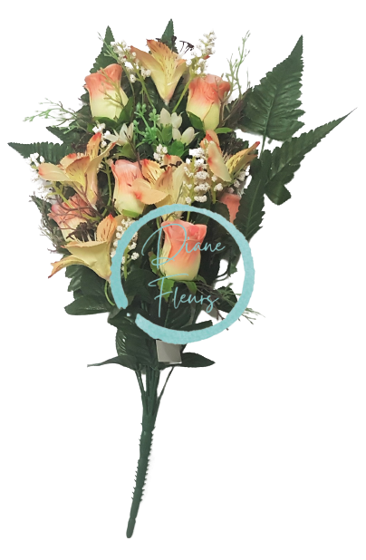 Ruža a Alstroméria kytica ružová a žltá x12 52cm umelá