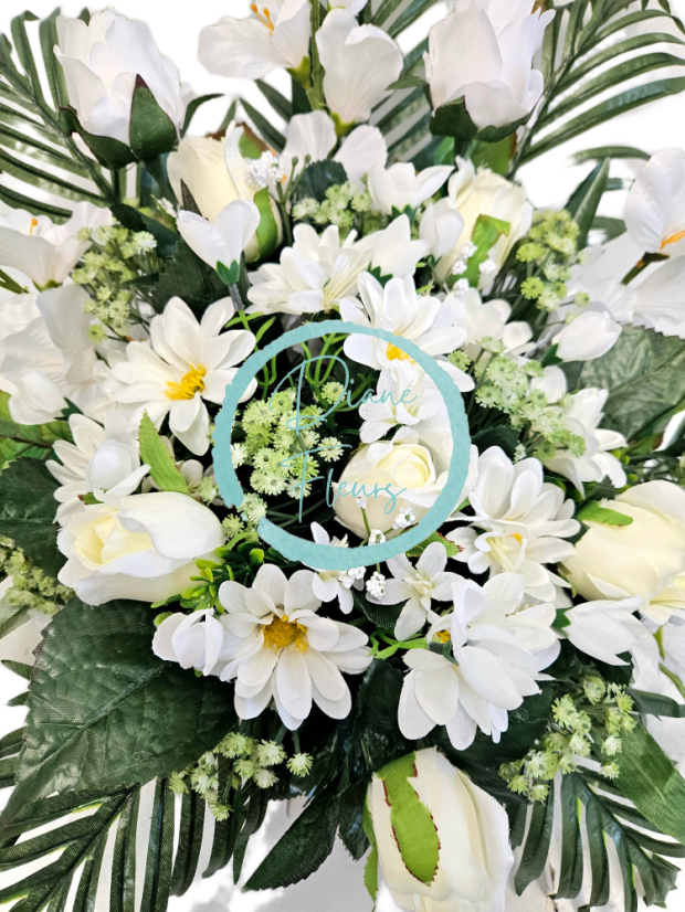 Sympathy Arrangement made of artificial Roses, Marguerites, Gladiolus and accessories 70cm x 40cm x 40cm